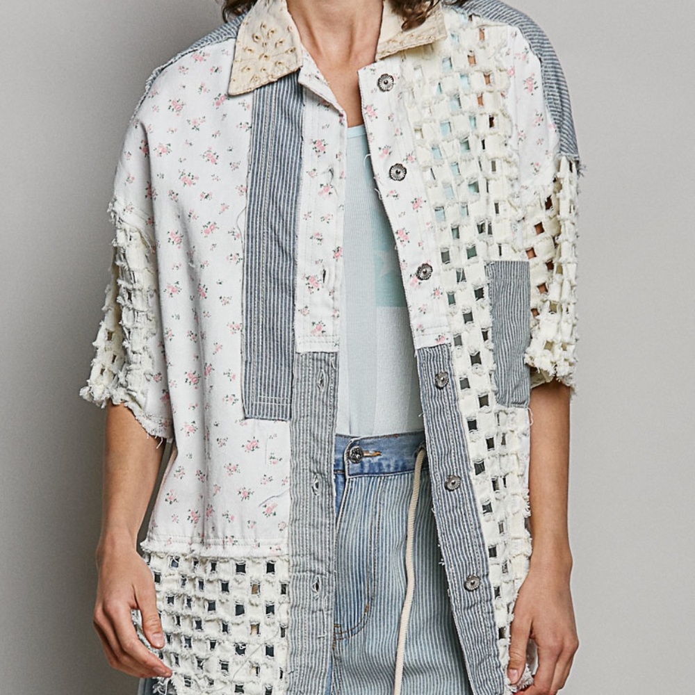 POL Mixed Media Patchwork Button Down Boho Shirt
